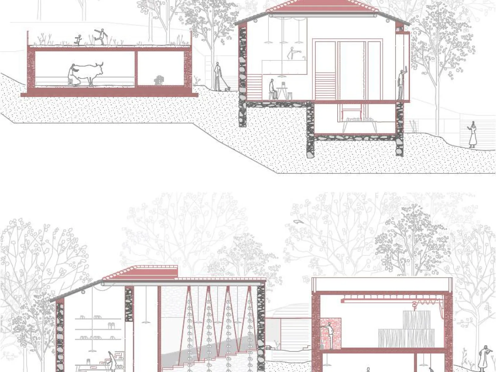 Querschnittszeichnung von zwei architektonischen Entwürfen, die ländliche Gebäude mit Innenräumen und Landschaft zeigen. Die Zeichnungen enthalten Details wie Tiere, Menschen und Vegetation, die die Integration von Natur und Architektur veranschaulichen.