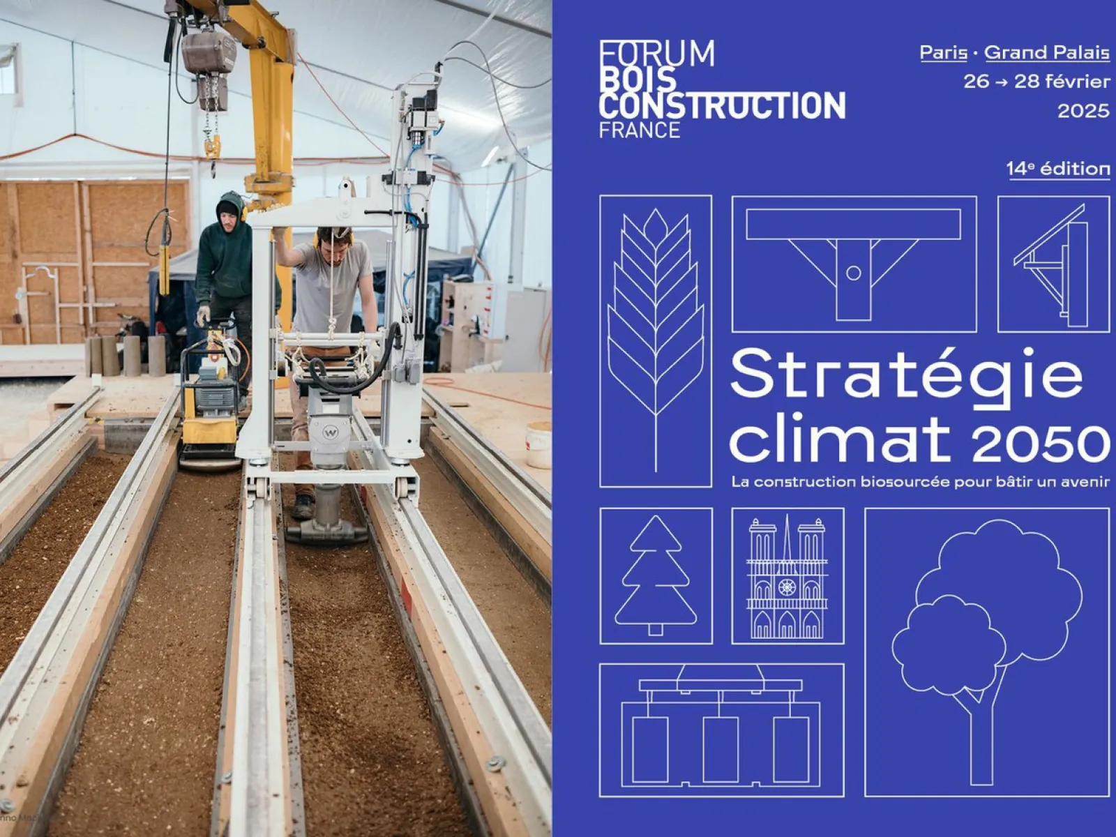 Zwei Personen arbeiten an einer Holzbau-Maschine in einer Werkstatt. Rechts im Bild ist ein blaues Poster mit dem Text „Forum Bois Construction France“ und „Stratégie Climat 2050“ sowie grafischen Elementen von Bäumen und Gebäuden zu sehen.