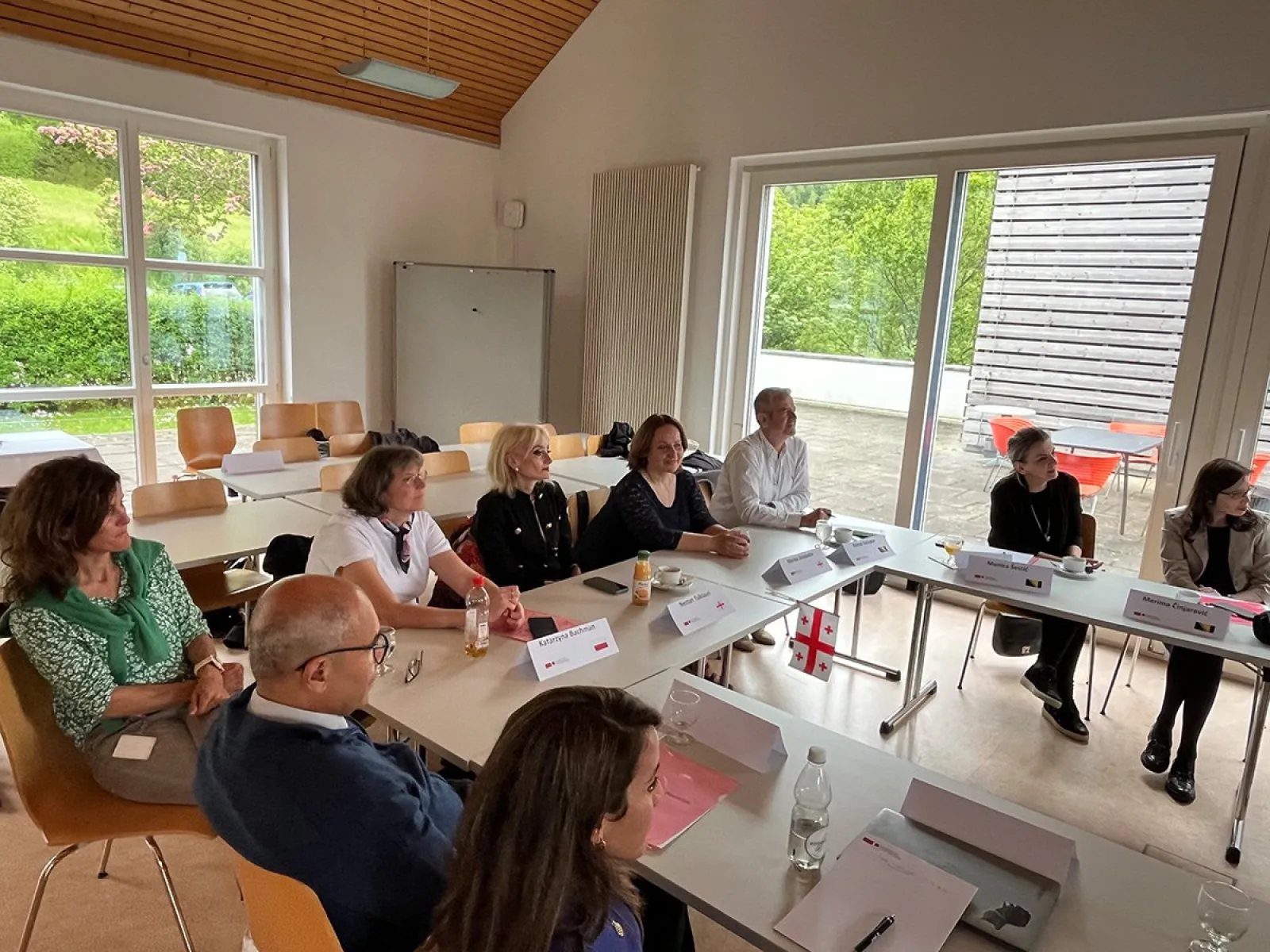 Eine Gruppe von Menschen sitzt an einem Konferenztisch in einem hellen Raum mit großen Fenstern. Sie sind in eine Diskussion vertieft. Auf dem Tisch liegen Namensschilder und Dokumente. Im Hintergrund ist eine grüne Landschaft zu sehen.