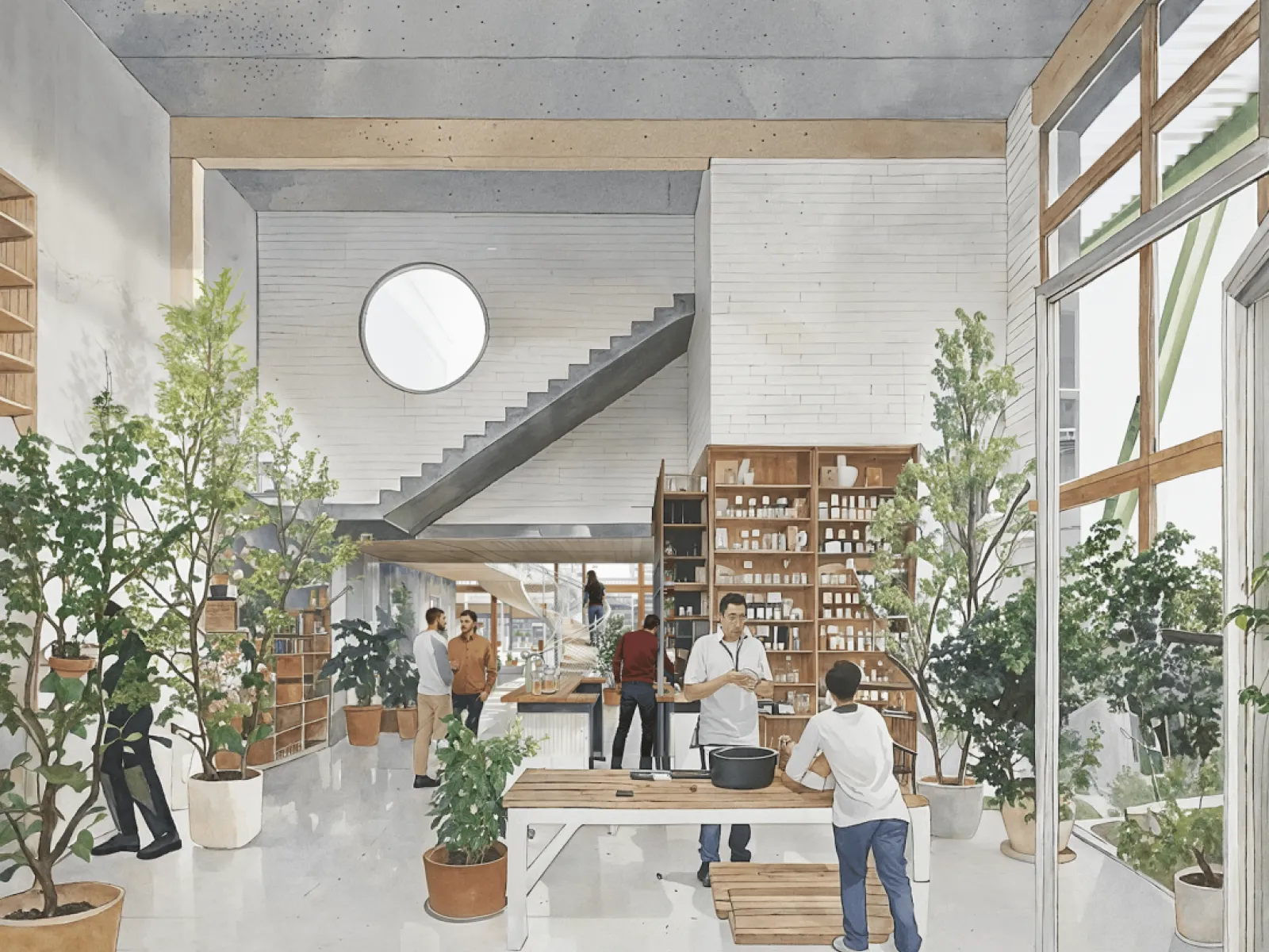 Visualisierung einer offenen halle mit Menschen und Pflanzen