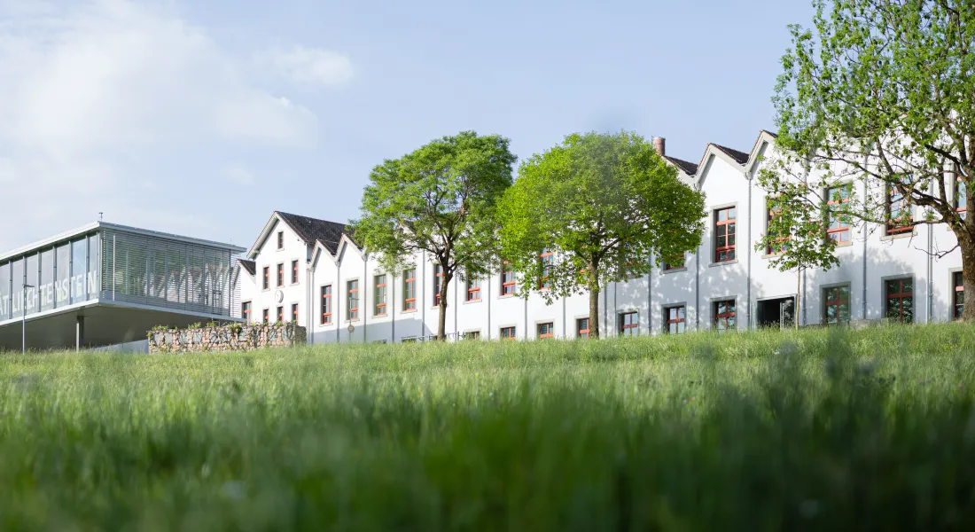 Universitaet Liechtenstein Gebaeude mit weissem Mauerwerk und gruener Wiese im Vordergrund.
