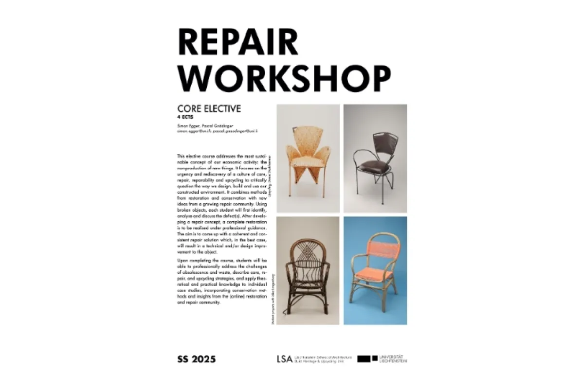 Architektur-Plakat zum Wahlfach «Repair Workshop» über nachhaltiges Möbeldesign, SS 2025.