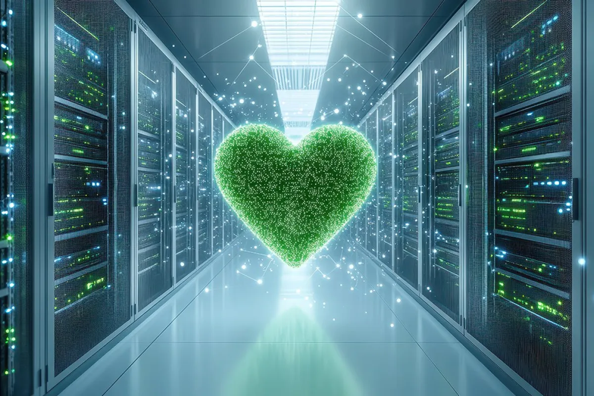 Ein leuchtendes grünes Herz ist zu sehen, welches inmitten einer grossen Serverfarm ist.