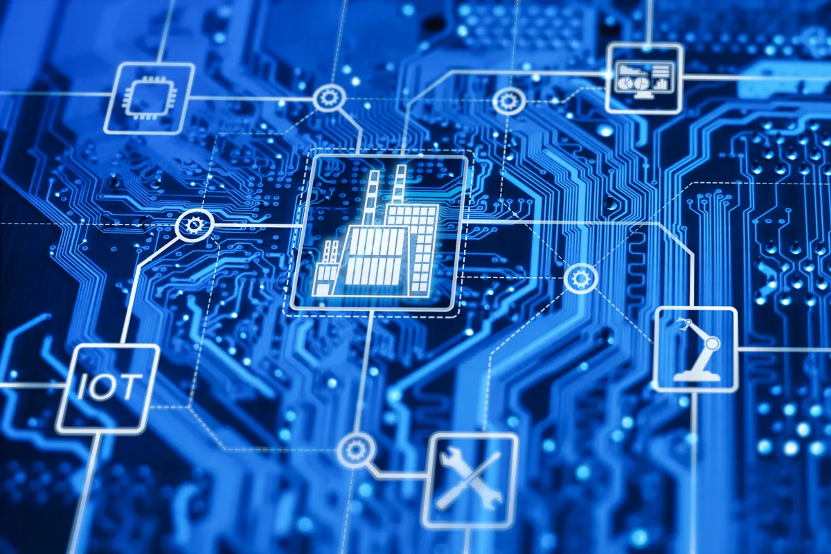 Digitale Darstellung von Industrie 4.0 mit IoT Symbolen und Schaltkreisen.
