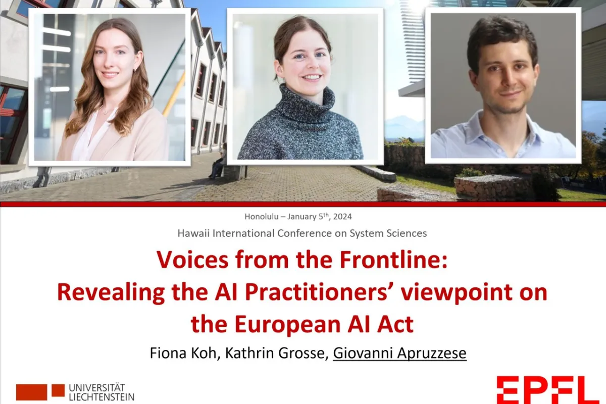 Drei Porträts von Personen vor einem modernen Universitätsgebäude. Darunter der Titel des Konferenzbeitrags: "Voices from the Frontline: Revealing the AI Practitioners' viewpoint on the European AI Act". Logos der Universität Liechtenstein und EPFL sind sichtbar.