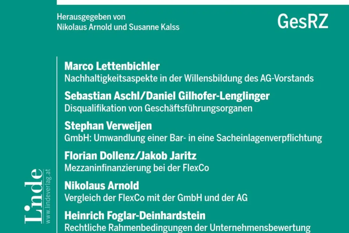 Titelbild der Zeitschrift "Der Gesellschafter", Ausgabe 1/2024, mit Beiträgen zu Gesellschafts- und Unternehmensrecht, darunter Nachhaltigkeitsaspekte in der Willensbildung des AG-Vorstands von Marco Lettenbichler.
