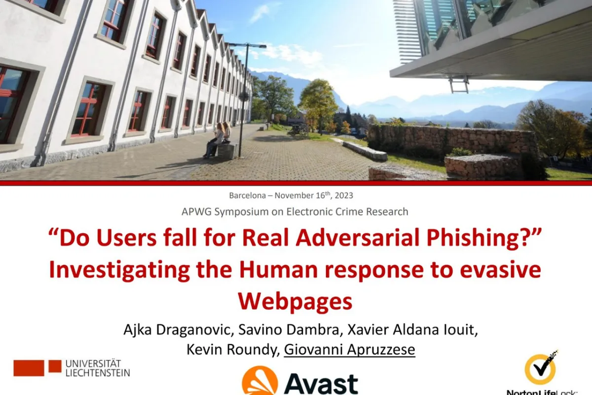 Ein Bild zeigt die Universität Liechtenstein mit einem sonnigen Campus und Bergen im Hintergrund. Im Vordergrund ist der Titel eines Forschungspapiers über Phishing von Giovanni Apruzzese und Kollegen zu sehen, präsentiert auf dem APWG Symposium in Barcelona. Logos von Avast und NortonLifeLock sind ebenfalls abgebildet.