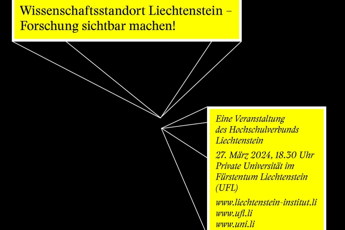 Grafik mit gelbem Hintergrundtext: 'Wissenschaftsstandort Liechtenstein – Forschung sichtbar machen!' und Informationen zur Veranstaltung des Hochschulverbunds Liechtenstein am 27. März 2024, 18:30 Uhr, an der UFL in Triesen. Enthält Webadressen der beteiligten Institutionen.