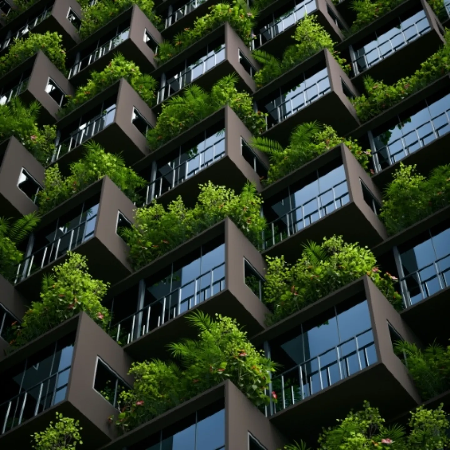 Moderne Architektur mit verschiedenen einzelnen Blöcken, die stufenweise herausstehen und jeweils mit Büschen begrünt sind.