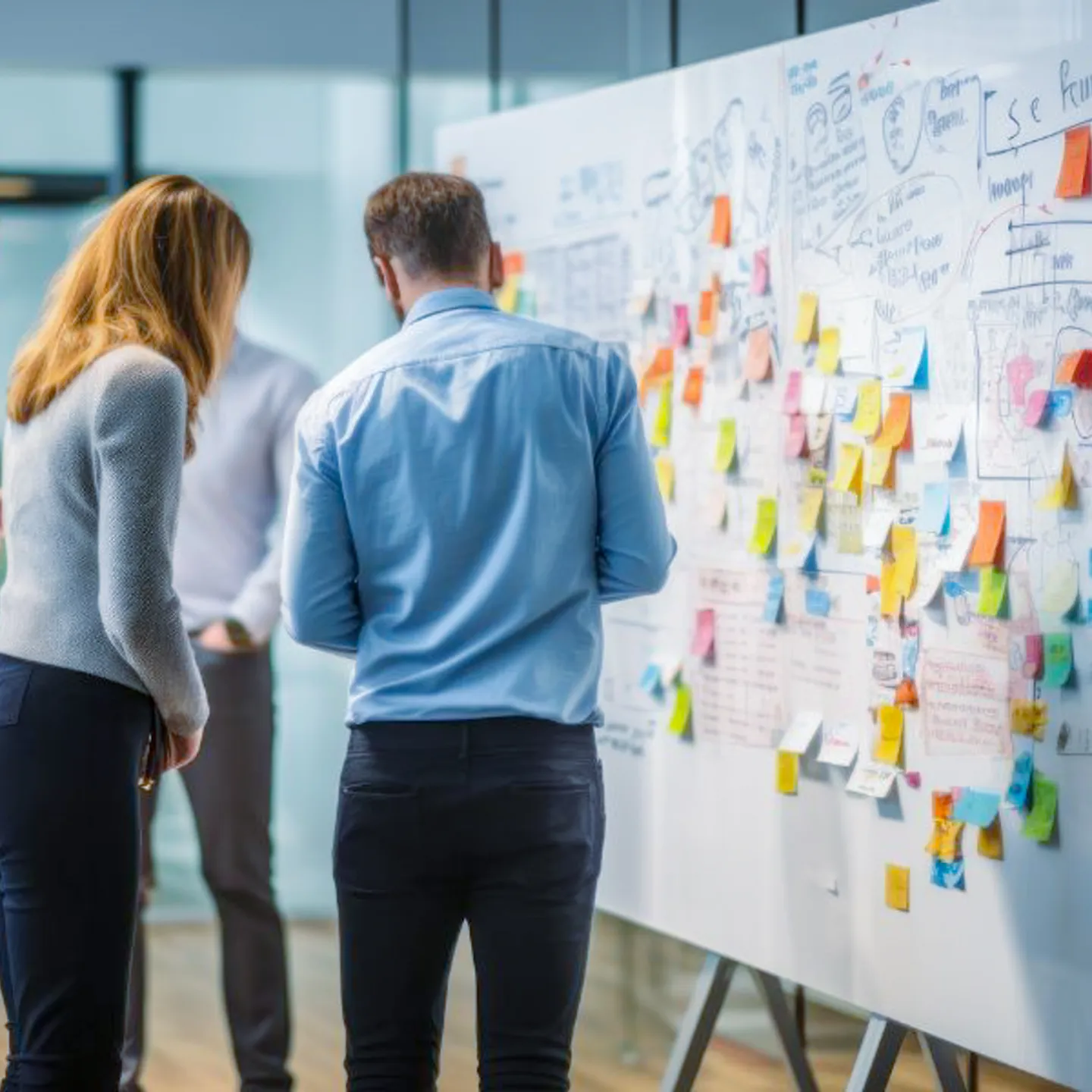 Teilnehmende eines Workshops an der Universität Liechtenstein stehen vor einem Whiteboard mit bunten Post-its und grafischen Konzepten.