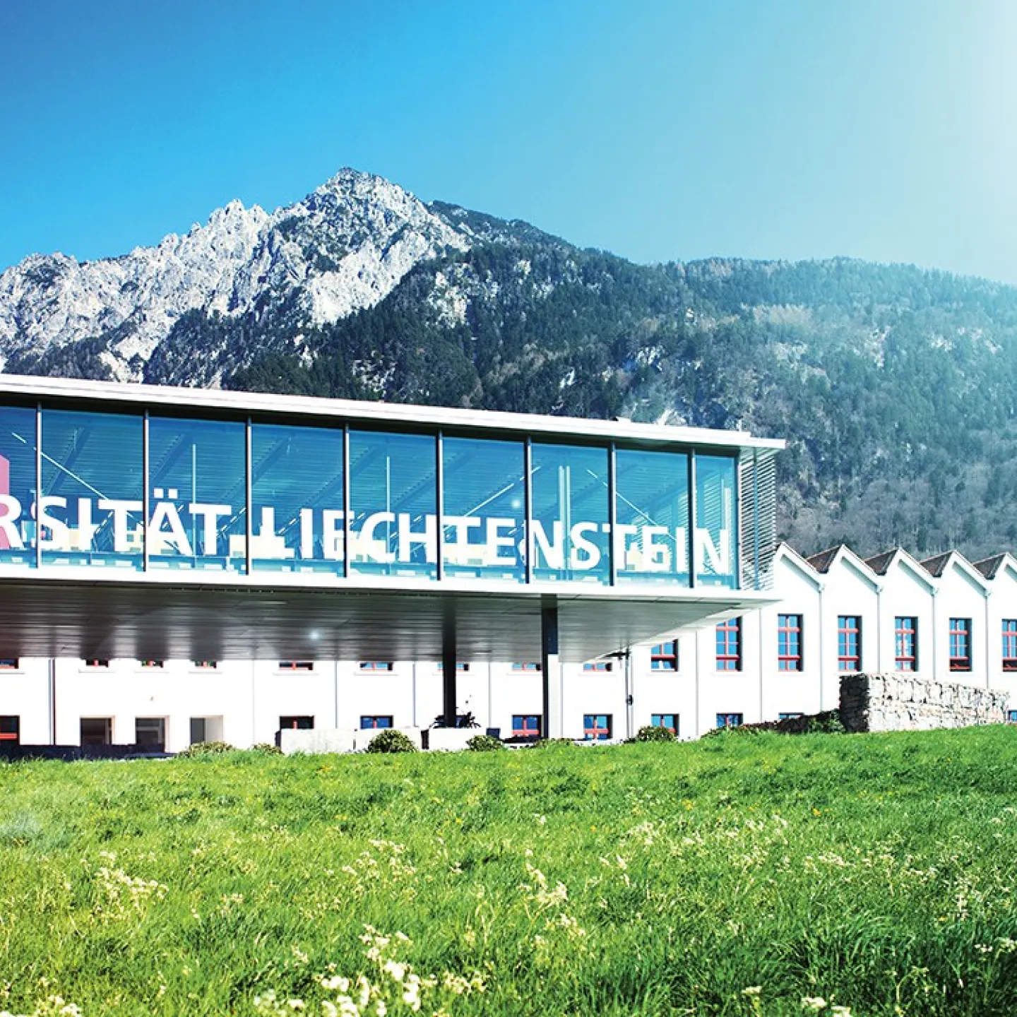 Außenansicht der Universität Liechtenstein mit modernem Glasgebäude und Bergkulisse im Hintergrund, umgeben von grüner Wiese.