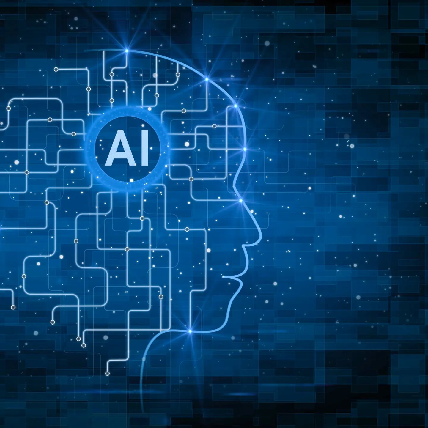 Abstrakte Illustration eines menschlichen Kopfes mit KI Schaltkreisen und AI Schriftzug.