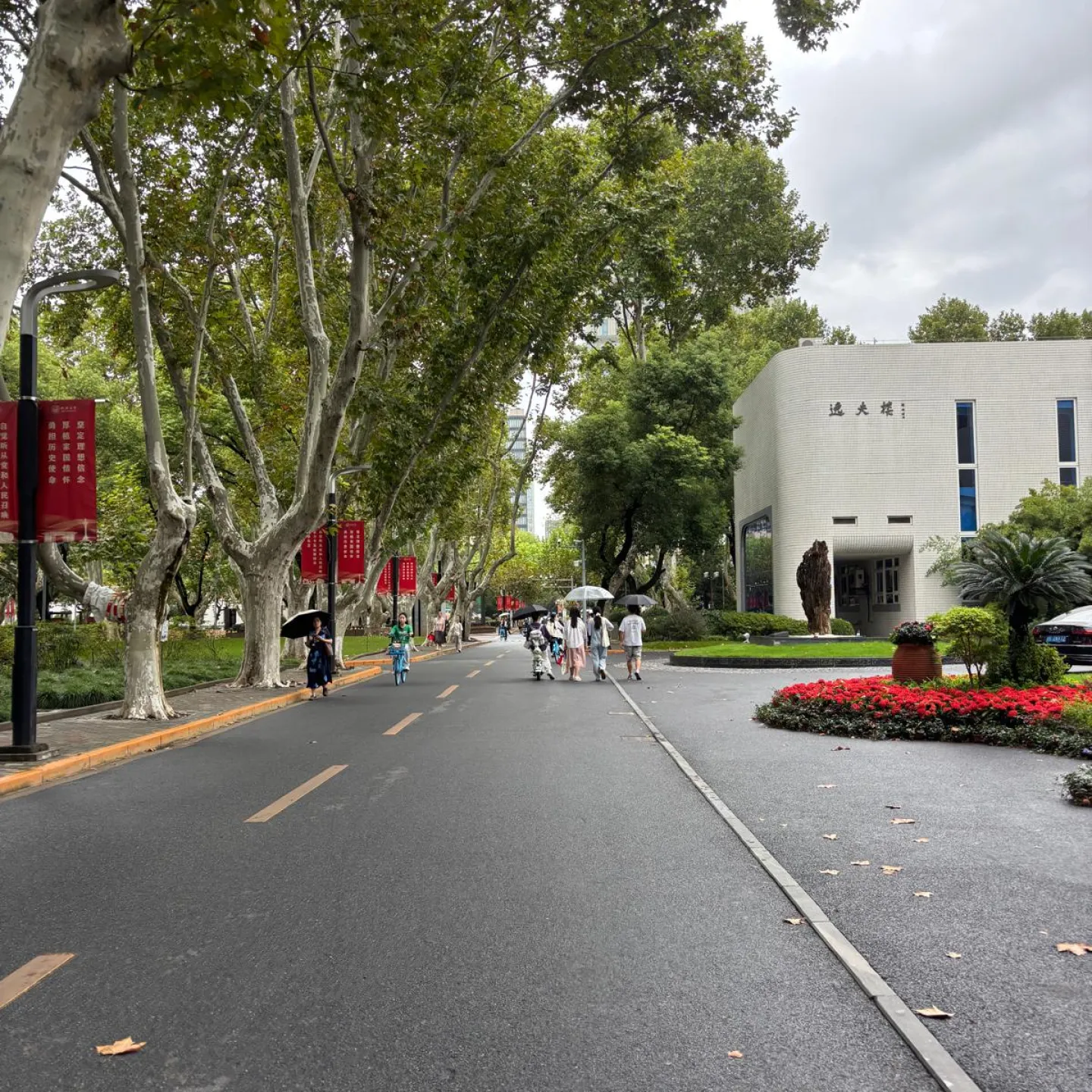 Baumgesäumte Allee auf einem Campus mit Spaziergängern, roten Bannern und einem modernen Gebäude am Straßenrand.