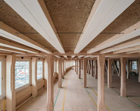 Innenansicht eines modernen Gebäudes mit Holzkonstruktion und Lehmboden, das den nachhaltigen Lehmbau am EARTH HUB der Universität Liechtenstein zeigt.