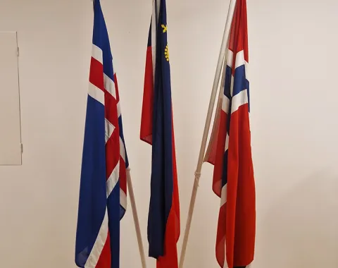 Drei Flaggen stehen nebeneinander auf Holzständern in einem Raum. Links die Flagge von Island, in der Mitte die Flagge von Liechtenstein und rechts die Flagge von Norwegen. Der Boden ist aus Holz, die Wand im Hintergrund ist weiß.