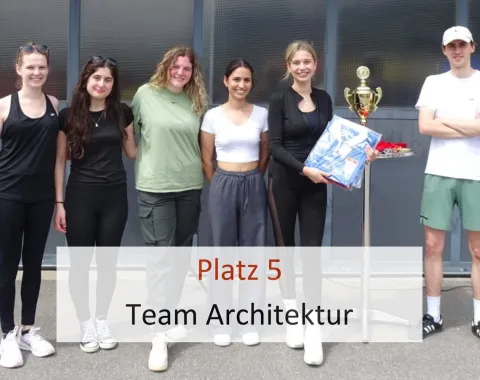 Sechs Personen stehen nebeneinander und lächeln in die Kamera. Eine Person hält einen Pokal und eine Schachtel. Im Vordergrund steht der Text "Platz 5 Team Architektur".
