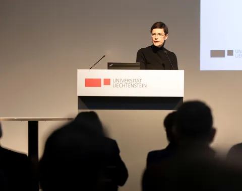 Eine Person präsentiert an einem Vortragspult