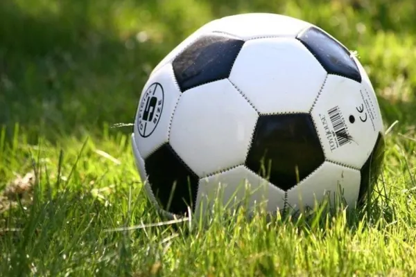 Ein schwarz-weißer Fußball, der auf grünem Gras ruht.