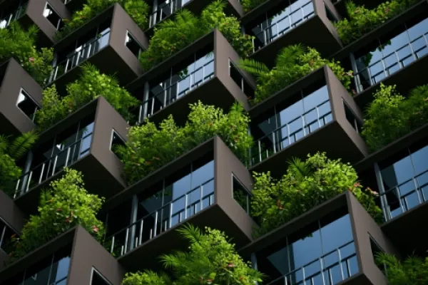 Moderne Architektur mit verschiedenen einzelnen Blöcken, die stufenweise herausstehen und jeweils mit Büschen begrünt sind.