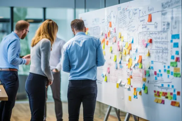Teilnehmende eines Workshops an der Universität Liechtenstein stehen vor einem Whiteboard mit bunten Post-its und grafischen Konzepten.