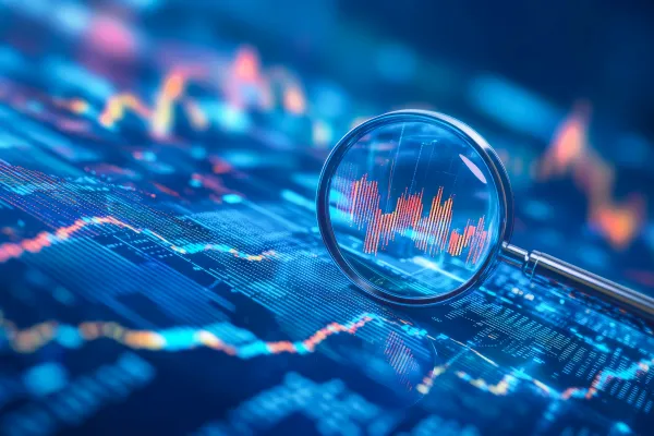 Lupe vergrößert bunte Kursverläufe auf digitalem Finanzdatenbildschirm, Fokus auf Datenanalyse und Wirtschaft