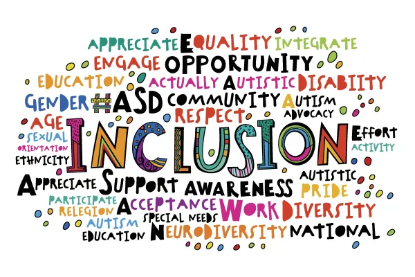 Wortwolke mit farbigen Buchstaben zum Thema Inclusion 