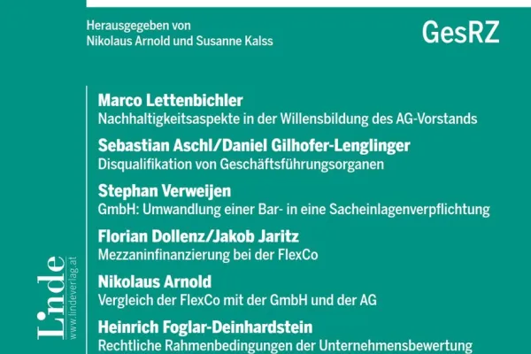 Titelbild der Zeitschrift "Der Gesellschafter", Ausgabe 1/2024, mit Beiträgen zu Gesellschafts- und Unternehmensrecht, darunter Nachhaltigkeitsaspekte in der Willensbildung des AG-Vorstands von Marco Lettenbichler.