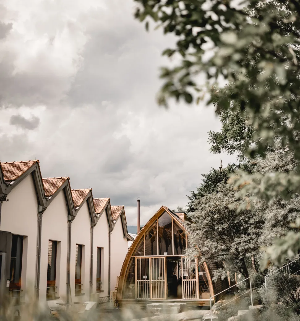 Architektur-Werkstattgebaeude-der-Liechtenstein-School-of-Architecture-mit-markanter-Holzfassade-und-natuerlicher-Umgebung
